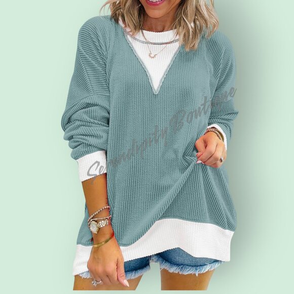 Patel Teal Slouchy Drop Shoulder Ribbed Long Sleeve Layered Look Drapery Top - Picture 4 of 9
